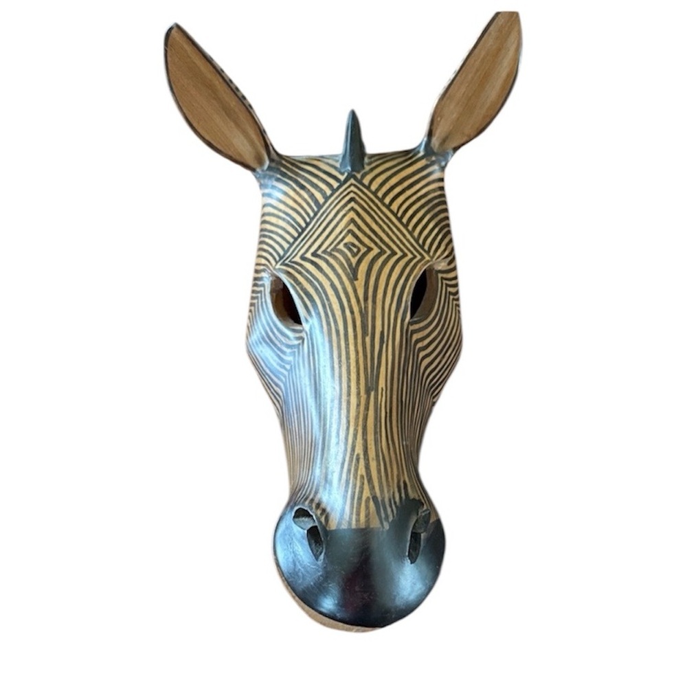 Vintage Hand Carved Wooden Mask Wall Hanging Artisan Zebra Animal Folk Art Decor